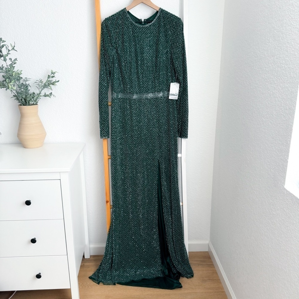 Mac Duggal Evening 5056 Long Sleeve Beaded High Slit Gown Green Beaded NEW - Picture 4 of 14